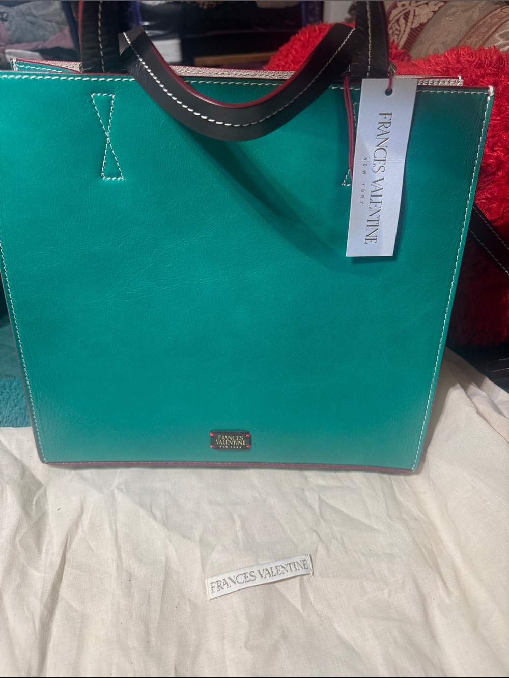 Frances Valentine Emerald Teal Leather Tote with Black Handles